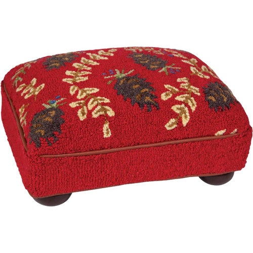 Pinecones on Red Hooked Wool Ottoman