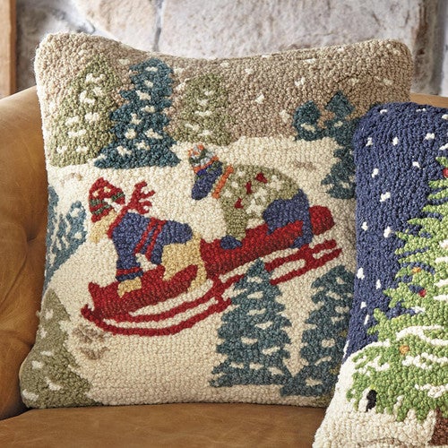 Dogsledding Hooked Wool Pillow