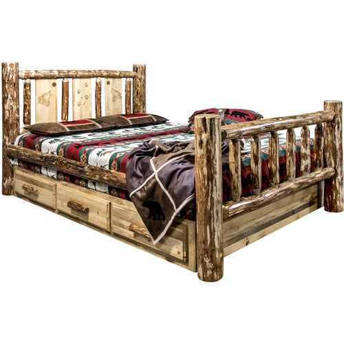 Cascade Storage Bed with Laser Engraved Wolf Design - King