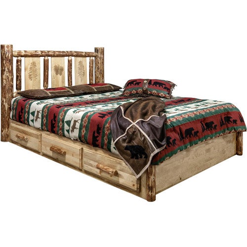 Cascade Platform Storage Bed with Laser Engraved Pine Tree Design - Twin