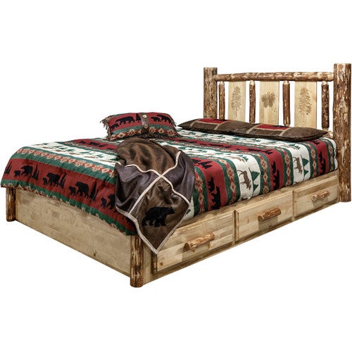 Cascade Platform Storage Bed with Laser Engraved Pine Tree Design - Cal. King
