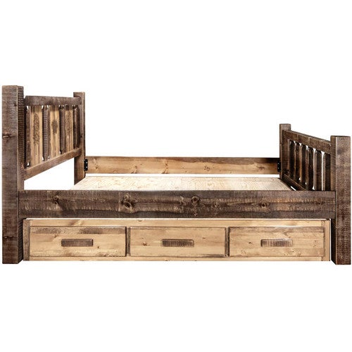 Denver Bed with Storage & Engraved Pines - Twin - Stained & Lacquered