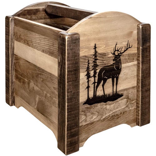 Denver Magazine Rack with Engraved Elk - Stained & Lacquered