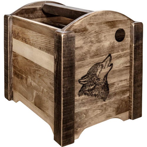 Denver Magazine Rack with Engraved Wolf - Stained & Lacquered