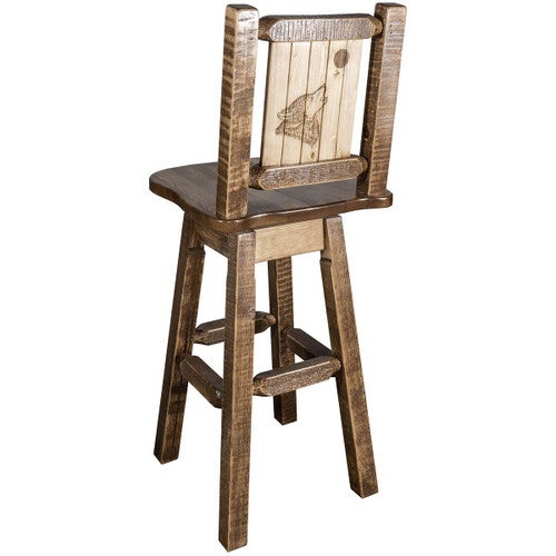 Denver Counter Height Swivel Barstool with Engraved Wolf Back - Stained & Lacquered