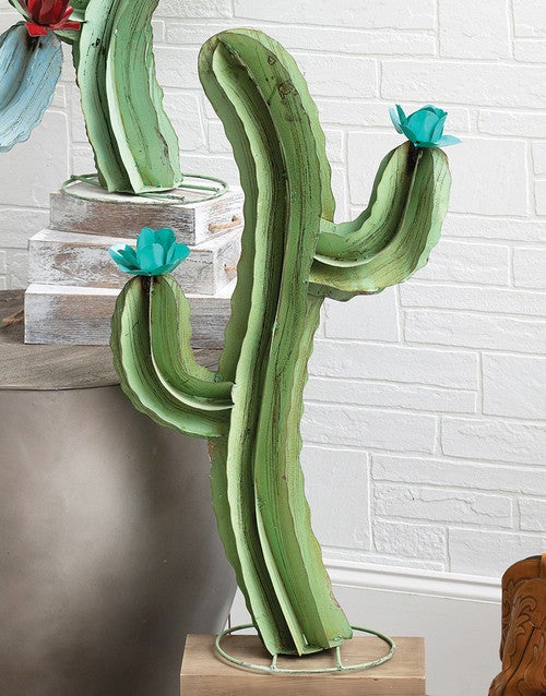 Blooming Cactus Green Metal Sculpture - Large