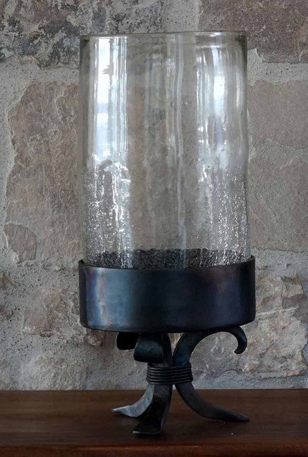 Glass Cylinder Candle Holder on Forged Iron Base - Small