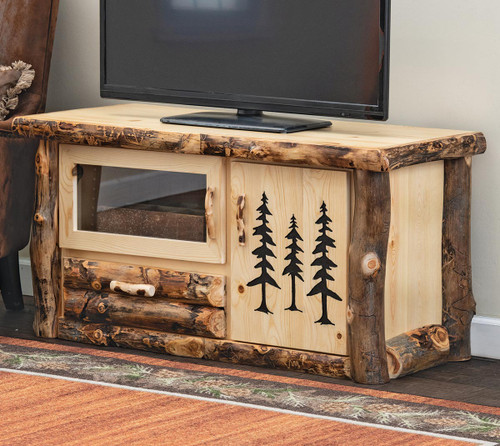 Aspen Log TV Stand with Carved Trees