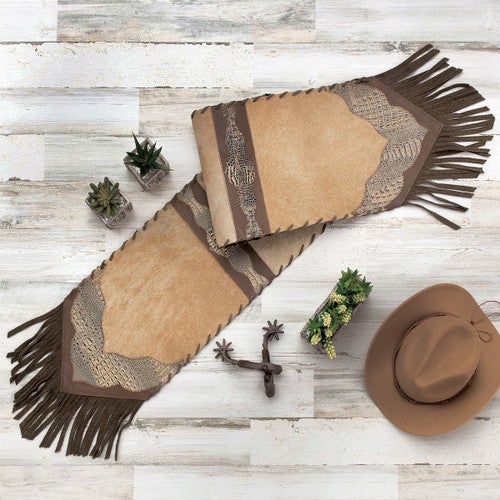 Wyoming Cowhide & Tooled Leather Table Runner - 62 Inch