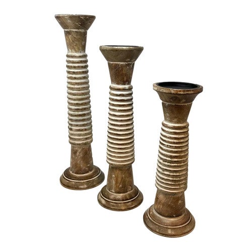 Wooden Ribbed Candle Holder - Set of 3