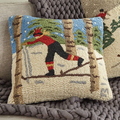 Back Country Skier in Woods Hooked Wool Pillow