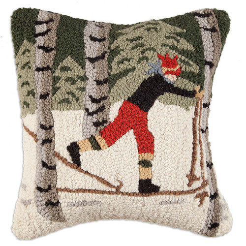 Back Country Skier in Woods Hooked Wool Pillow - OUT OF STOCK UNTIL 09/03/2025