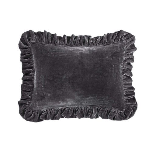 Azure Gray Velvet Ruffled Oblong Pillow
