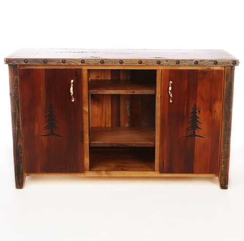 Barnwood 2 Door Console with Tree Carving and Nailheads