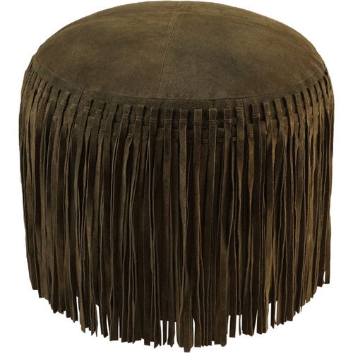 Cheyenne Fringed Leather Pouf - Forest Green