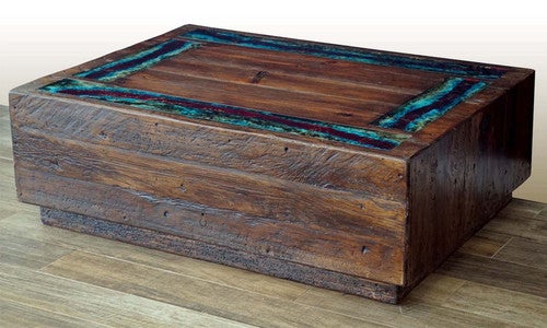 Rustic Iron & Wood Coffee Table with Glass Border