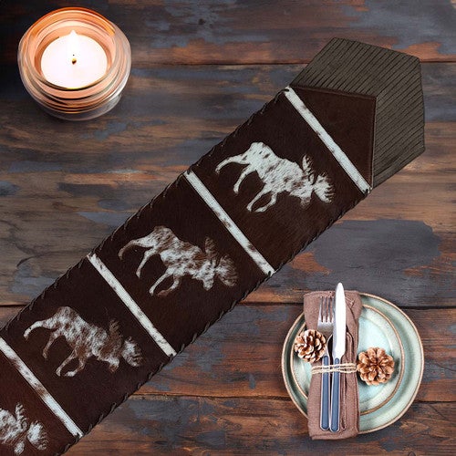 Fringed Moose Salt & Pepper Leather Table Runner - 120 Inch