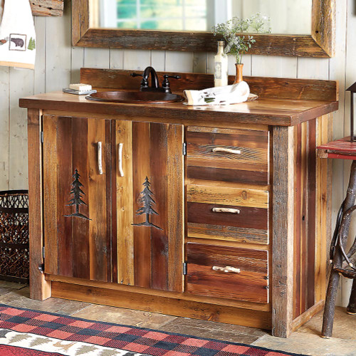 Barnwood Vanity with Carved Tree Design - 48 Inch