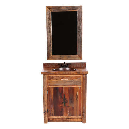 Barnwood Vanity with Carved Tree Design with Mirror - 30 Inch