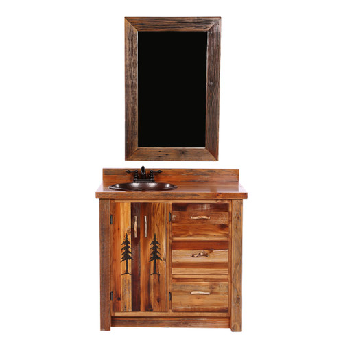 Barnwood Vanity with Carved Tree Design with Mirror - 36 Inch