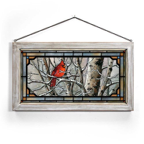 Snow Cardinal Stained Glass Art with White Frame