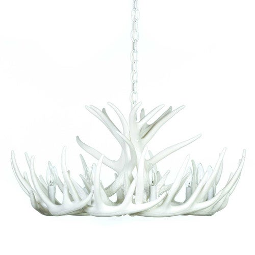 Whitetail Deer 12 Antler Cascade White Chandelier - Antique Brass - CLEARANCE