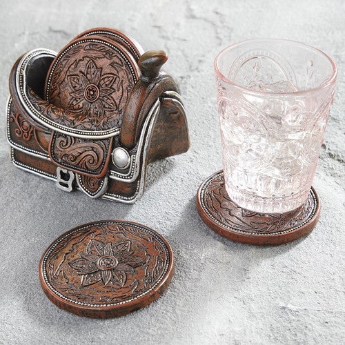 Tooled Leather Saddle Coaster Set with Holder