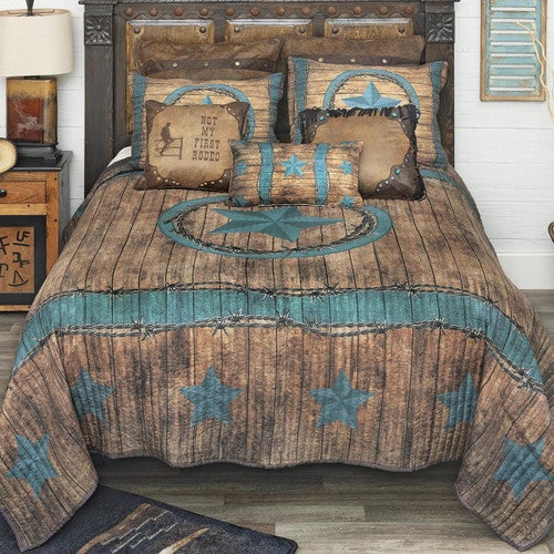 Turquoise Star & Barbed Wire Quilt Bed Set - King
