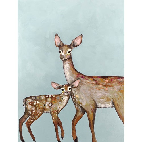 Sweet Doe & Fawn on Blue Canvas Print