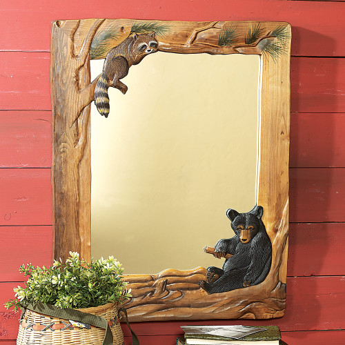 Bear & Raccoon Carved Wood Mirror