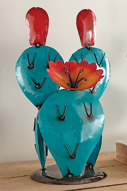 Prickly Bloom Cactus Metal Art Sculpture - Turquoise