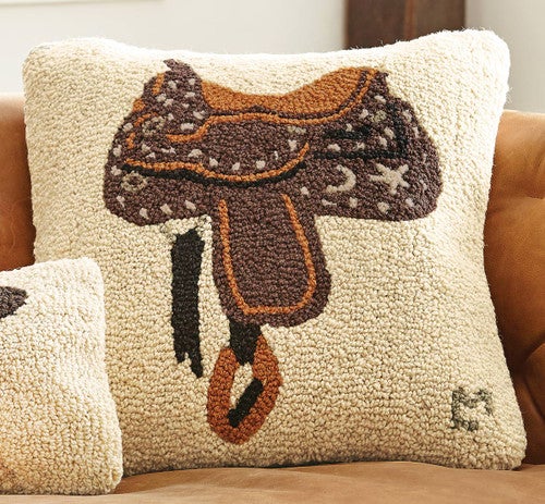 Western Saddle Hooked Wool Pillow