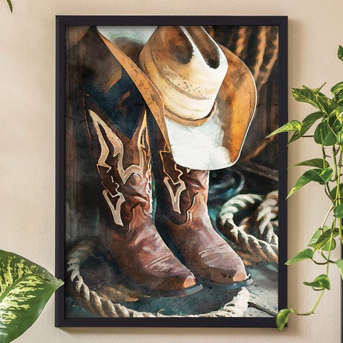 Western Cowboy Hat & Boots Framed Wall Art