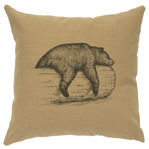 Bear on a Log Linen Pillow - Straw
