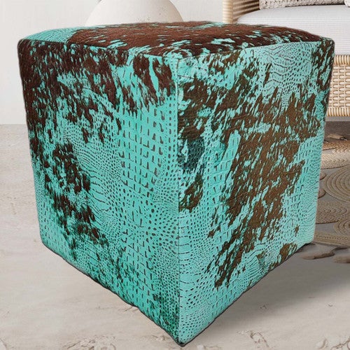 Turquoise Embossed Gator & Cowhide Square Pouf - OVERSTOCK
