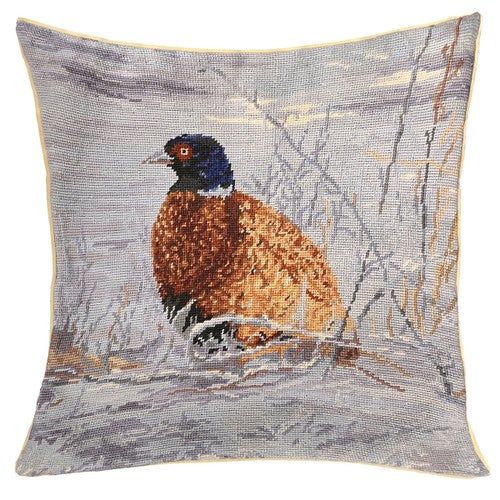 Winter Pheasant Dancing Needlepoint Pillow