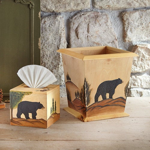 Bear Wilderness Wood Tissue Box & Waste Basket