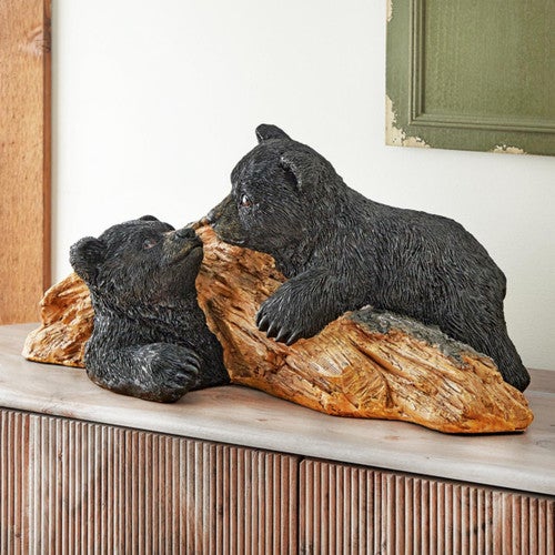 Playful Bear Cubs Log Sculpture