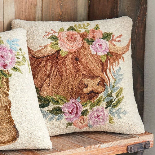 Floral Highland Cow Hooked Pillow