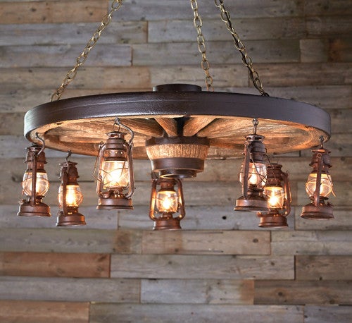 Large Wagon Wheel Chandelier with Rustic Lanterns - Black - CLEARANCE