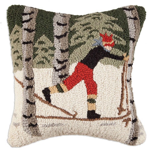 Snowy Skier Hooked Wool Pillow