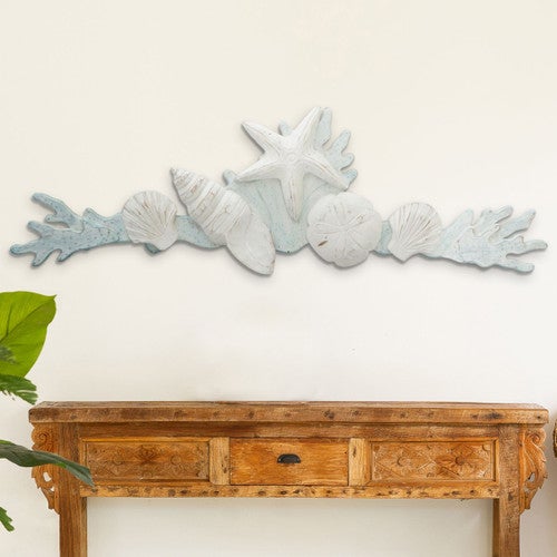 White Shells & Aqua Coral Wood Wall Art - OVERSTOCK
