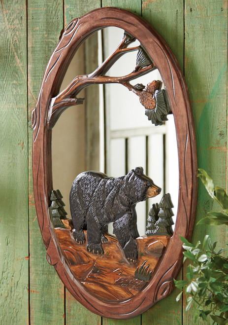 Black Bear Carved Wood Mirror