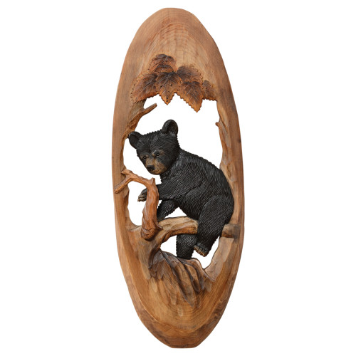 Black Bear Cub Oval Wood Carving Wall Art