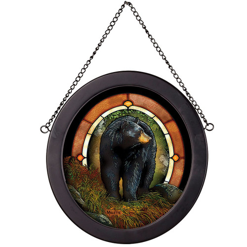 Black Bear Path Oval Stained Glass Art