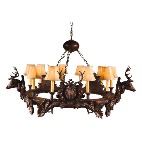 Dark Maple Small Stag Head 10-Light Chandelier - Faux Leather Shades