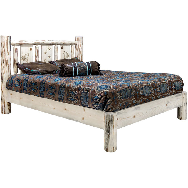 Frontier Platform Bed with Laser-Engraved Wolf Design - Twin