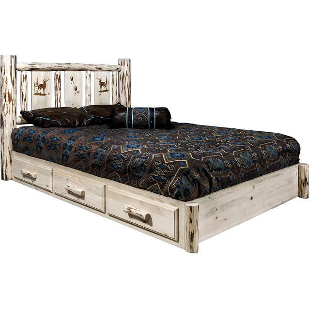 Frontier Platform Bed with Storage & Laser-Engraved Elk Design - Twin