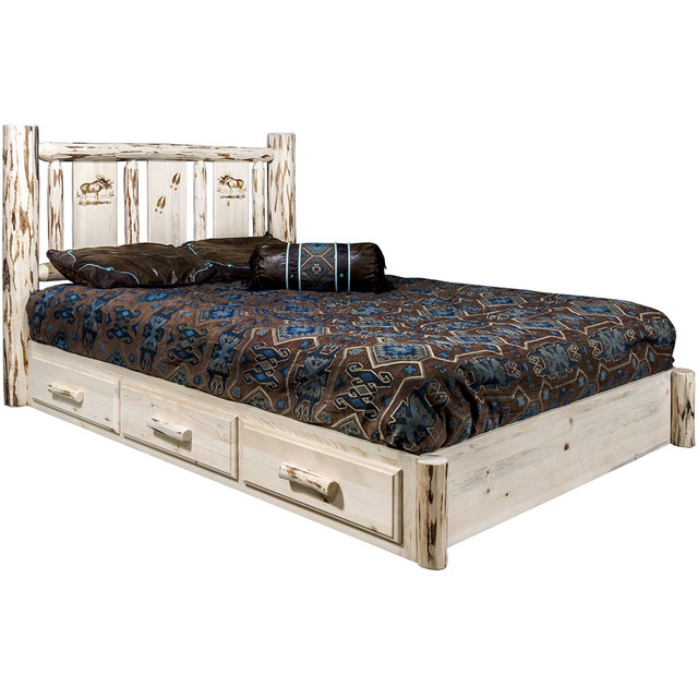 Frontier Platform Bed with Storage & Laser-Engraved Moose Design - Twin