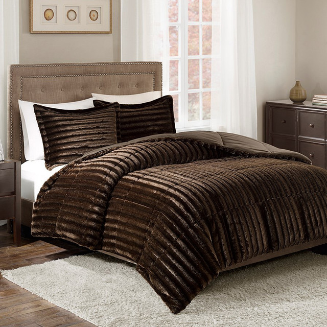 Logan Chocolate Faux Fur Comforter Set - Queen